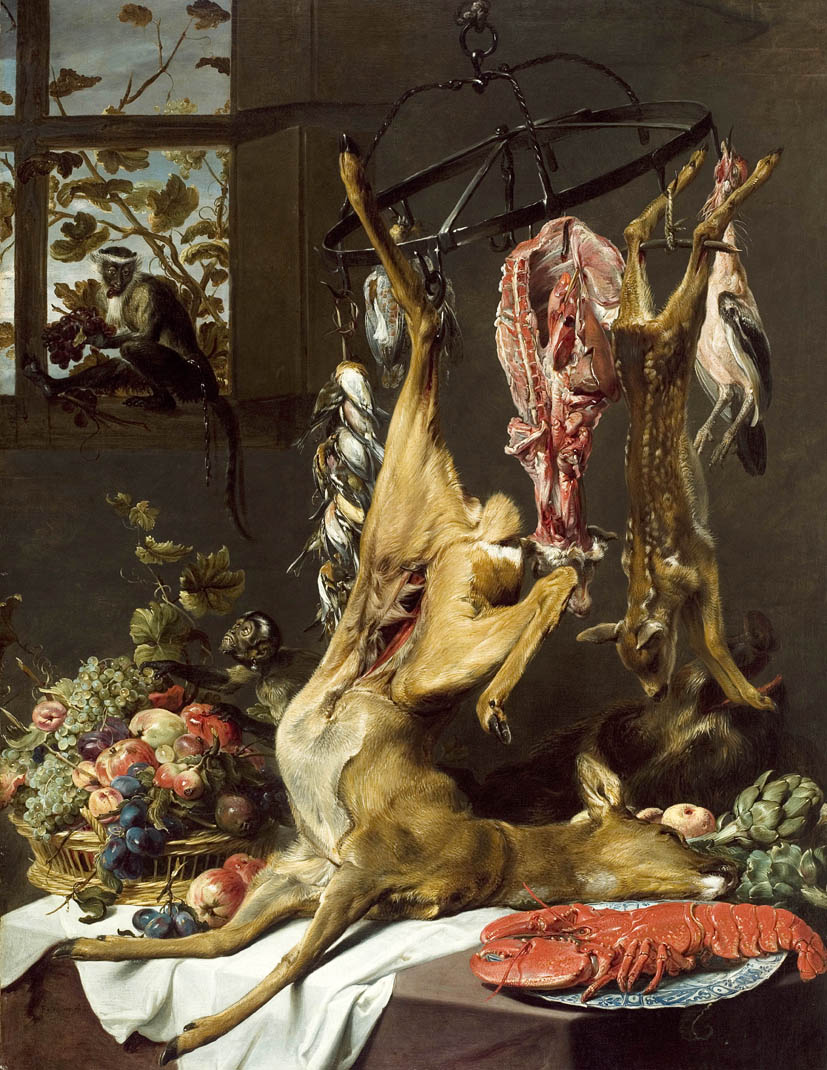 Still with Game Suspended on Hooks, a Lobster on a Plate, a Basket of Grapes, Apples, Plums and Other Fruit a Partly Draped Table with Two Monkeys